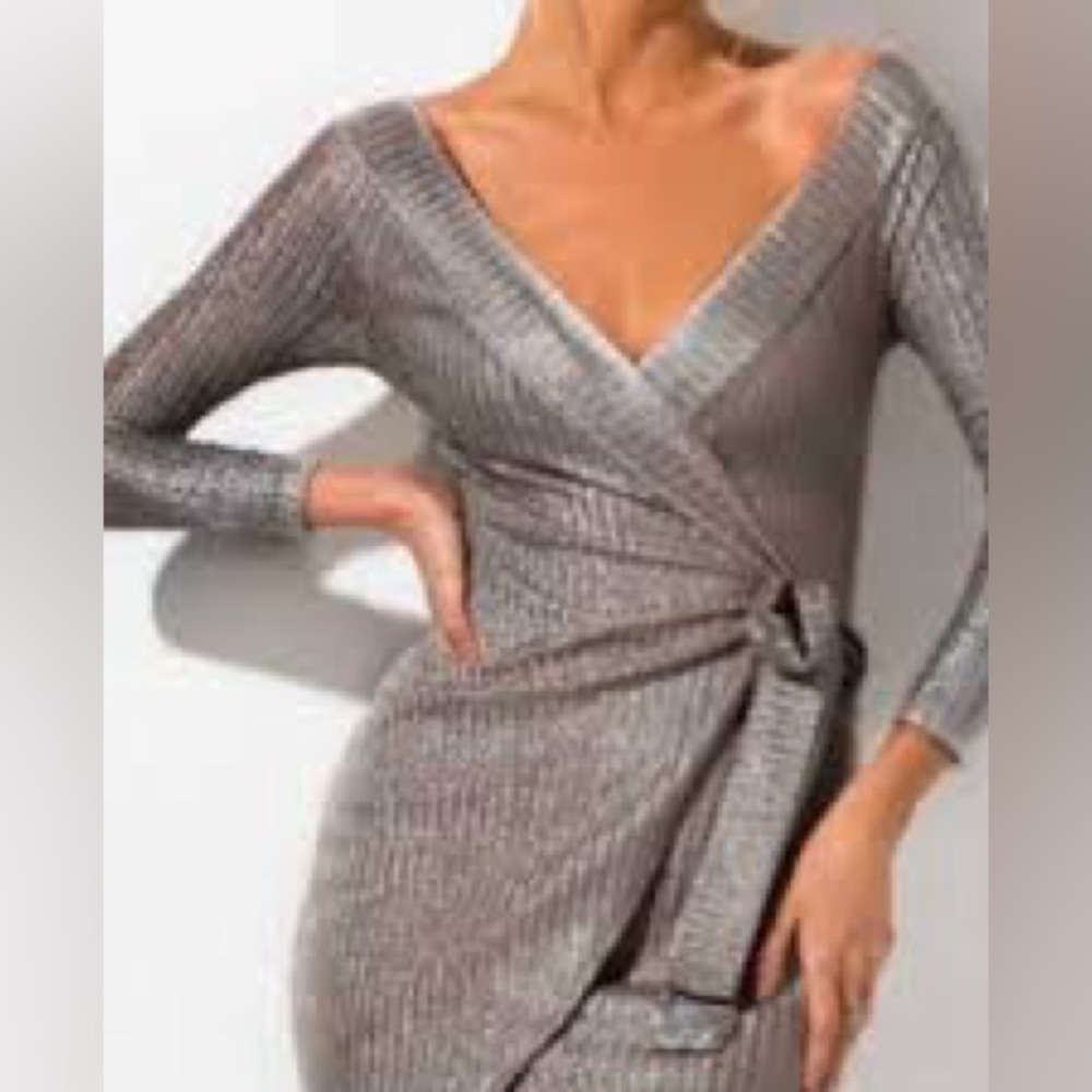 AKIRA metallic chain, mail wrap off the shoulder, asymmetric dress